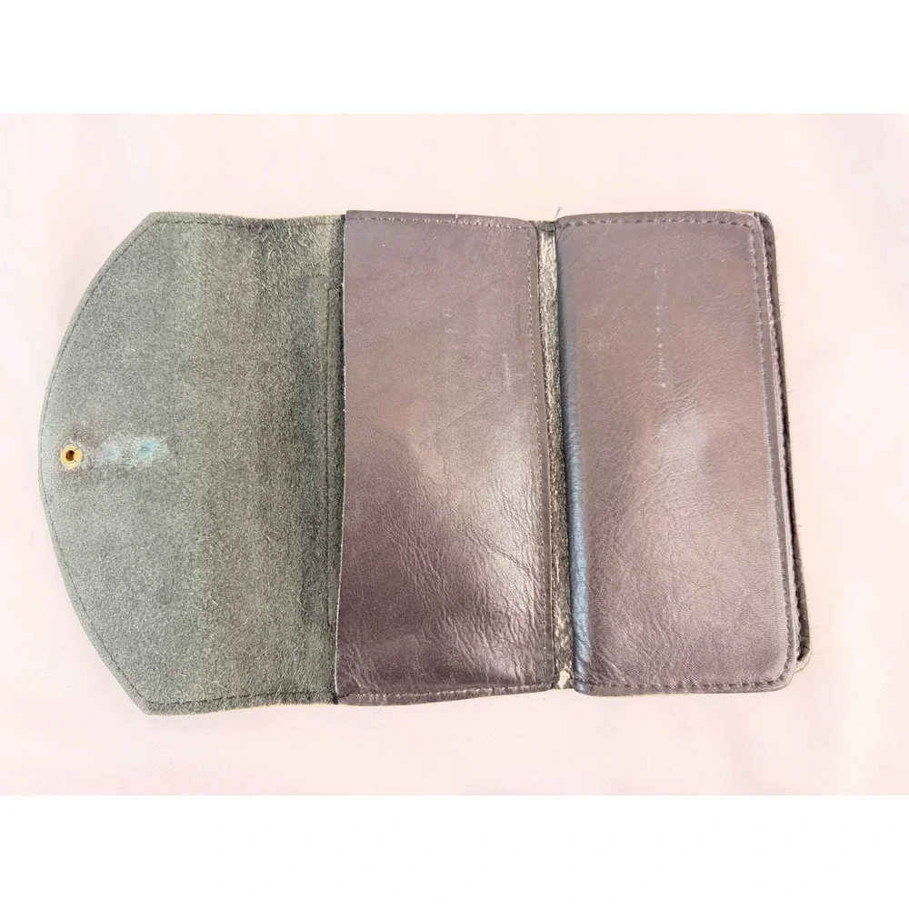 Vintage Black Leather Trifold Wallet Distressed Brass Snap Coin Pocket Biker